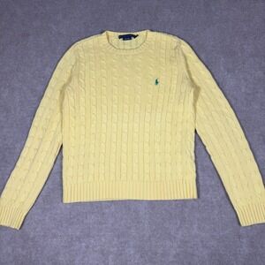 Vintage Ralph Lauren Women Size Large Sweater Cable Knit Cotton Yellow Preppy